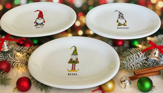 New Rae Dunn ceramic Christmas gnome 3-piece oval plate set MISCHIEF MAGIC MERRY