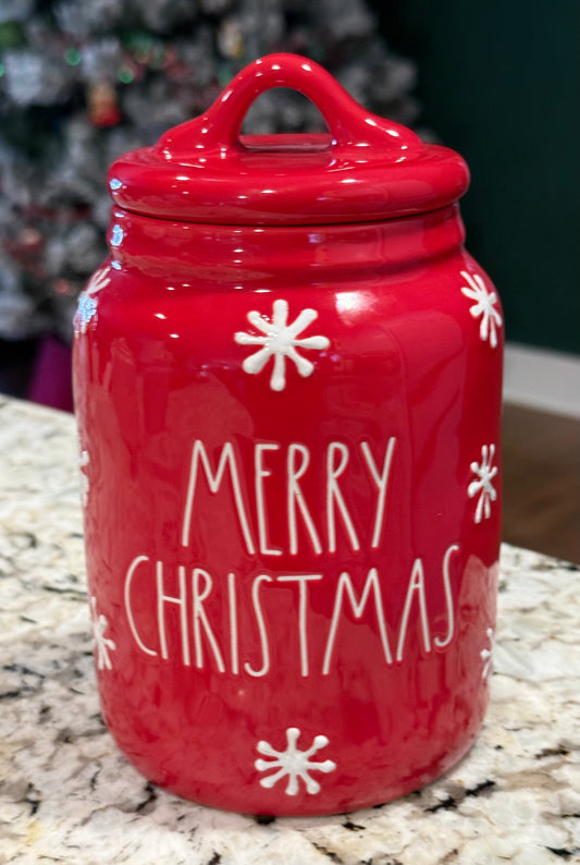 New Rae Dunn red ceramic snowflake motif 6” canister MERRY CHRISTMAS