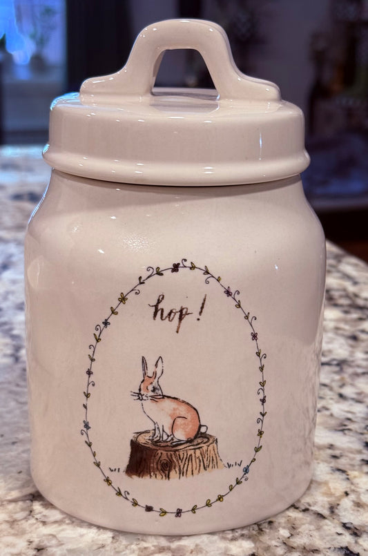 Rae Dunn vintage bunny line ceramic canister 6” HOP!