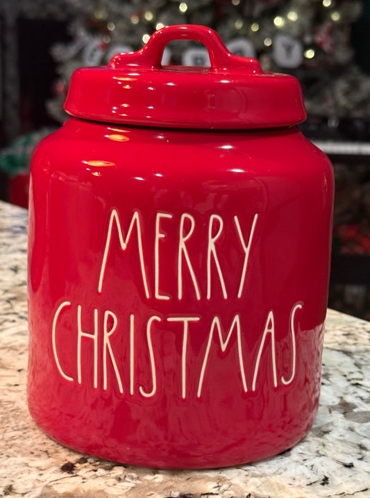 New Rae Dunn red ceramic MERRY CHRISTMAS canister 8”