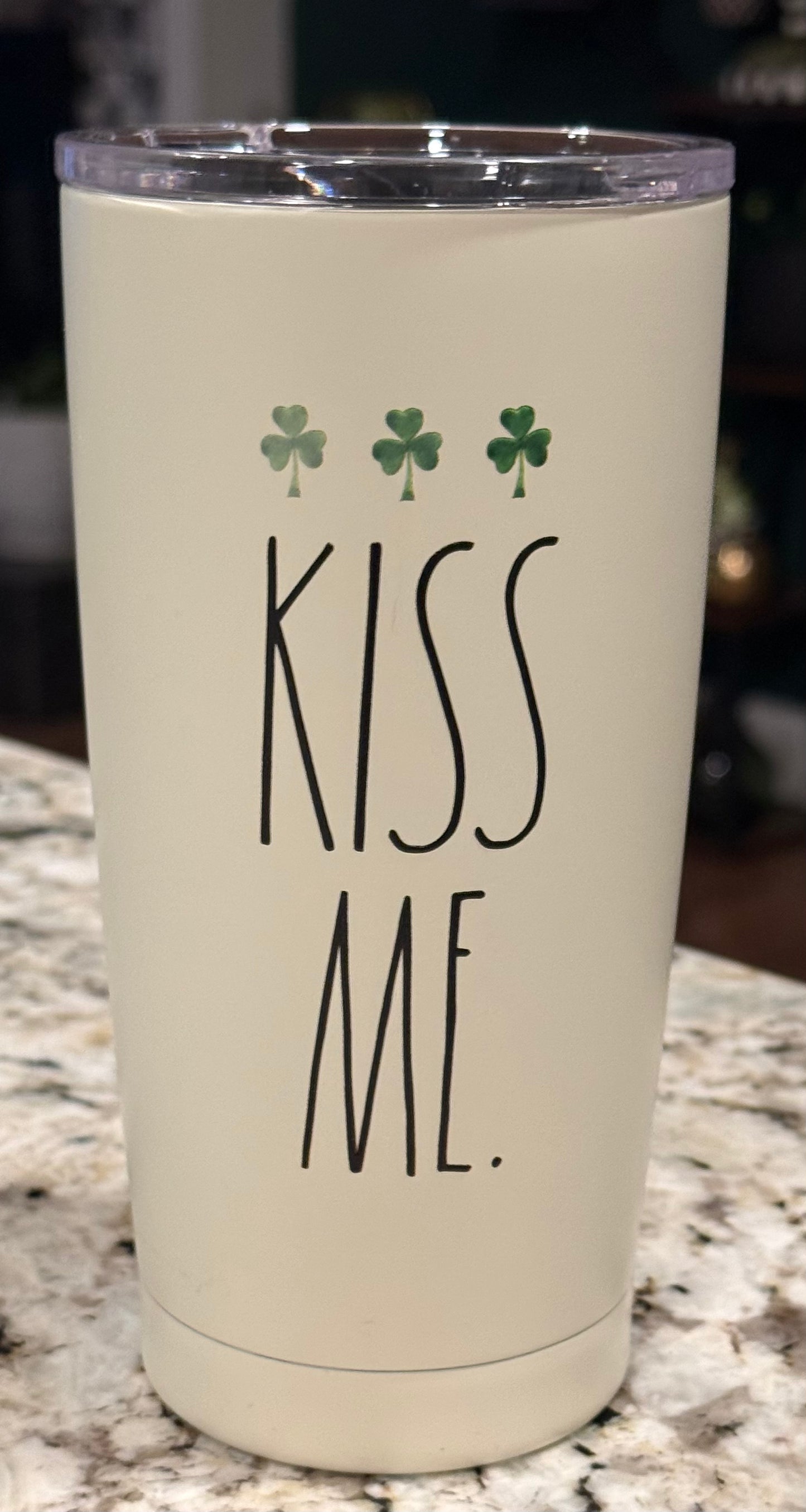 New Rae Dunn St. Patrick’s Day white insulated stainless tumbler watercolor shamrocks KISS ME