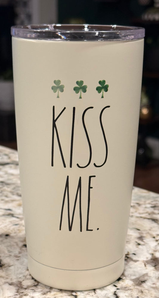 New Rae Dunn St. Patrick’s Day white insulated stainless tumbler watercolor shamrocks KISS ME
