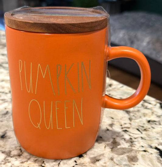 New Rae Dunn orange ceramic gold writing coffee mug with coaster top PUMPKIN QUEEN