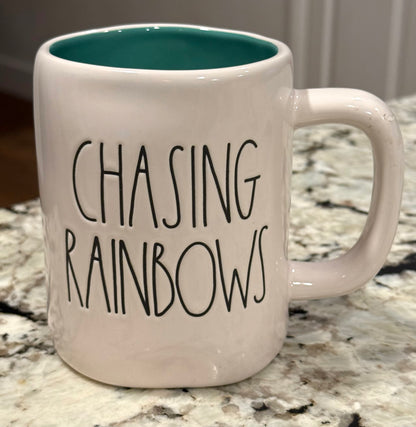 New Rae Dunn white ceramic coffee mug CHASING RAINBOWS