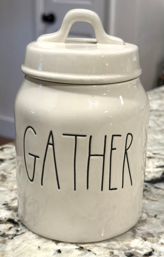 Rae Dunn white ceramic hard to find GATHER canister