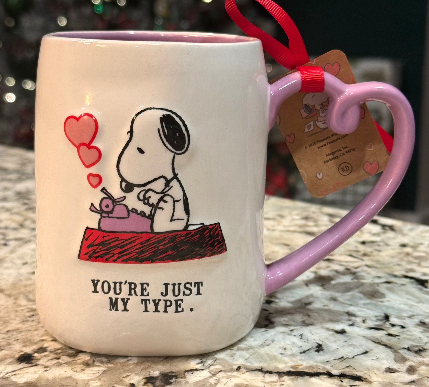 New Rae Dunn x Peanuts Snoopy ceramic heart handled coffee mug YOU’RE JUST MY TYPE.