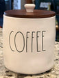 New Rae Dunn white ceramic 7.25” COFFEE canister with wood top
