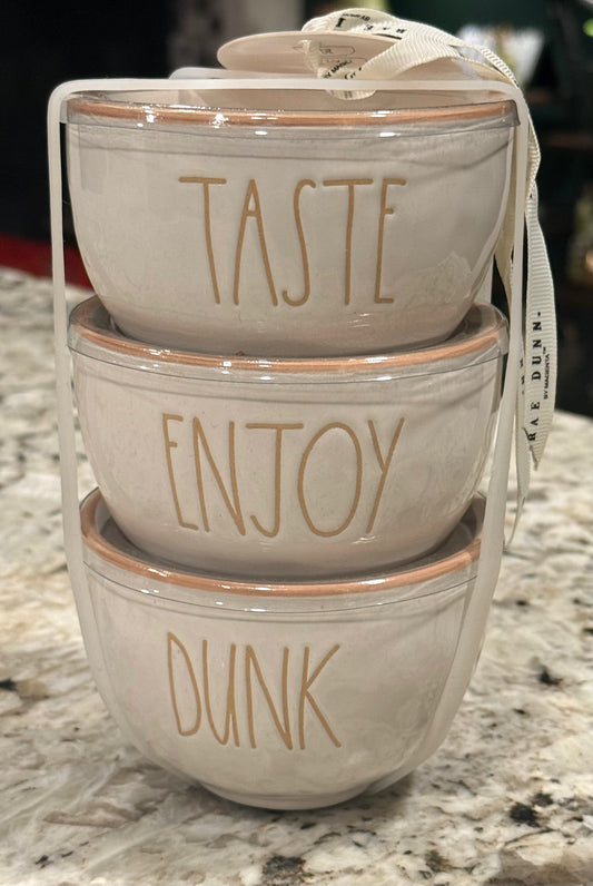 New Rae Dunn 3-piece white ceramic bowl set TASTE ENJOY DUNK