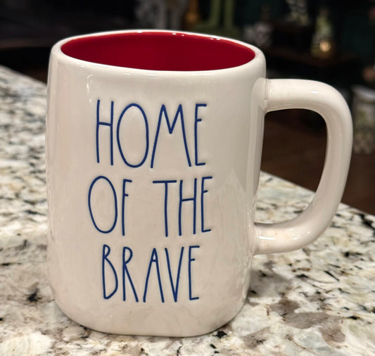 New Rae Dunn Americana white ceramic red interior coffee mug HOME OF THE BRAVE