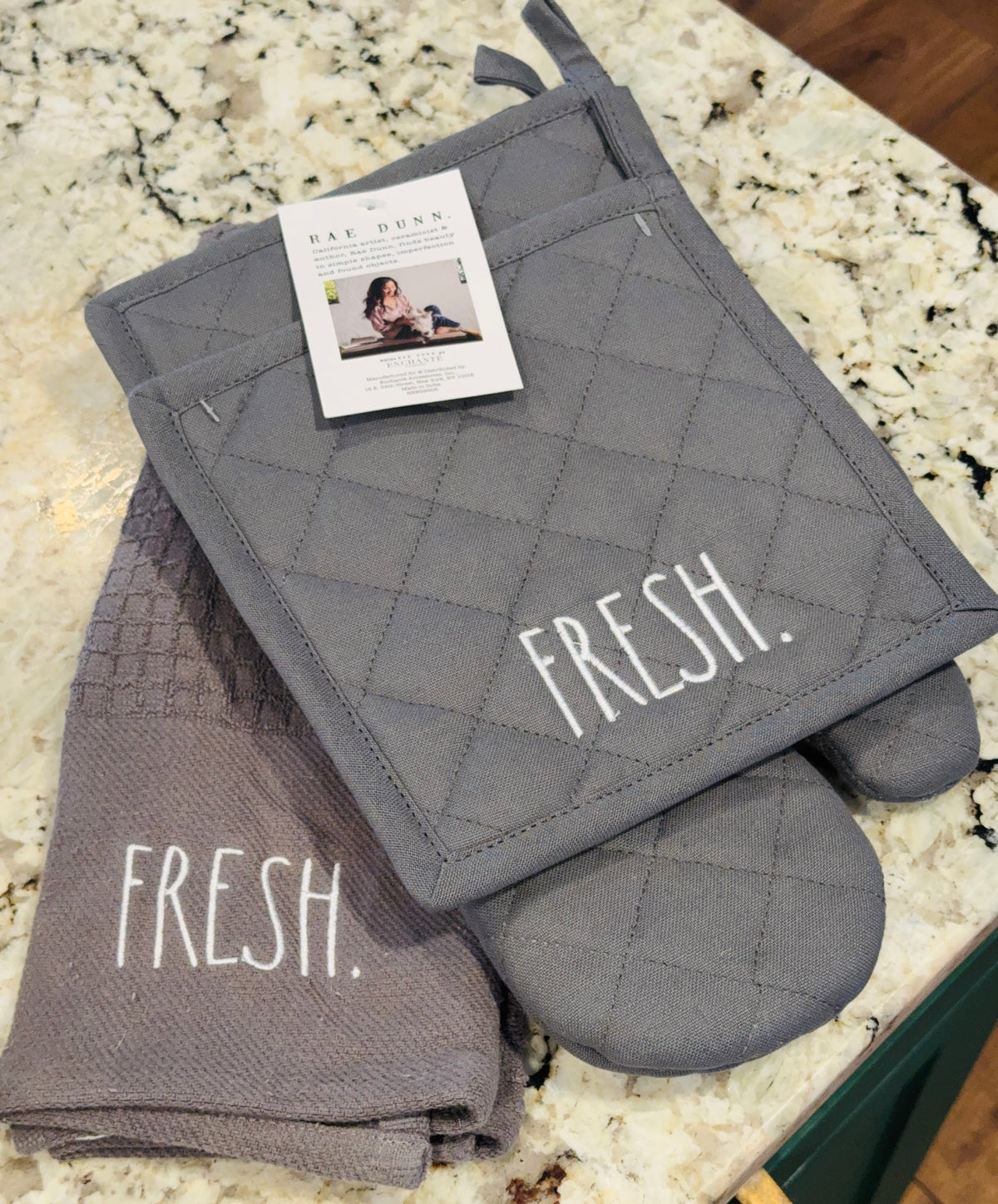 New Rae Dunn gray kitchen dish towel and pot holder set FRESH