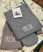 New Rae Dunn gray kitchen dish towel and pot holder set FRESH