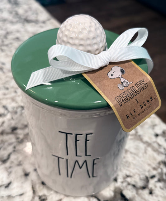 New Rae Dunn x Peanuts Snoopy white ceramic golf ball TEE TIME topped canister 5.75”