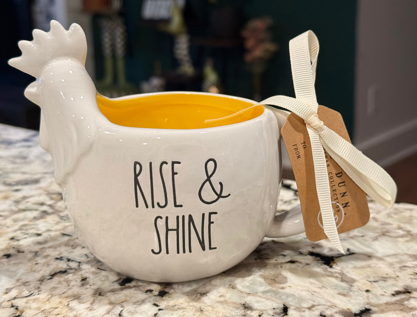 New Rae Dunn ceramic Farmline coffee mug yellow interior RISE & SHINE
