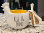 New Rae Dunn ceramic Farmline coffee mug yellow interior RISE & SHINE