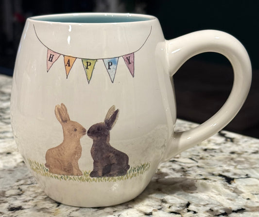New Rae Dunn white ceramic Easter coffee mug HAPPY kissing bunny