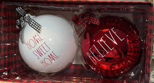 New Rae Dunn 2-piece glass Christmas ornament box set HOME SWEET HOME/BELIEVE