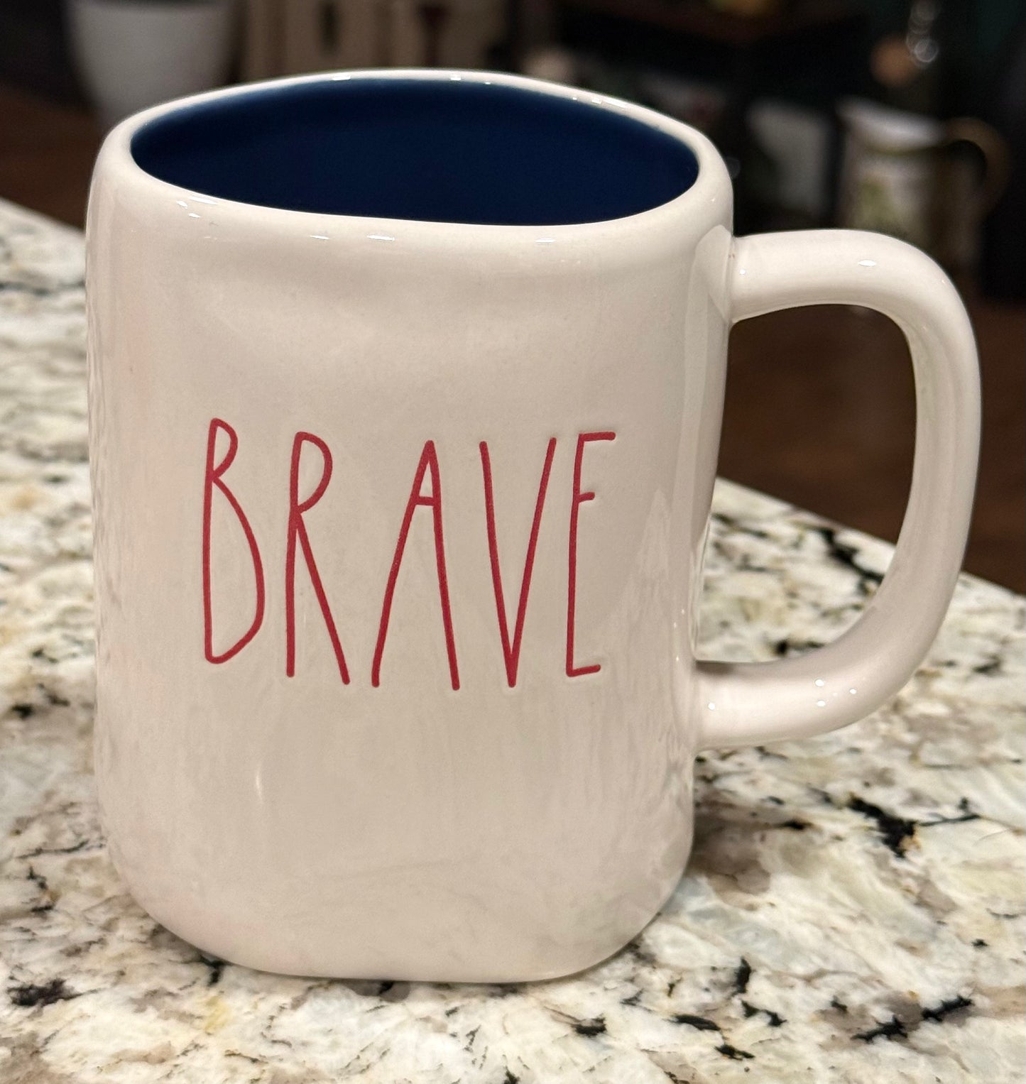 New Rae Dunn Americana white ceramic blue interior coffee mug BRAVE