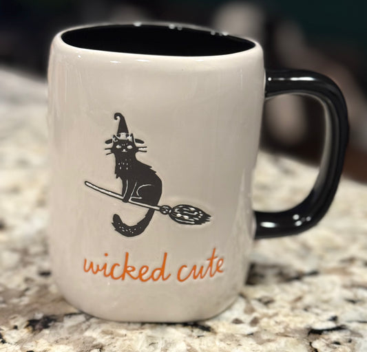 New Rae Dunn white ceramic Halloween cat coffee mug WICKED CUTE