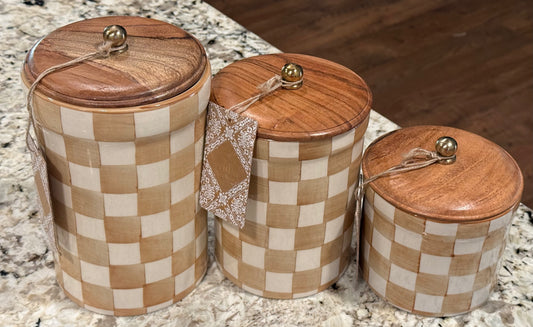 New ceramic 3-piece Made in India butter check canister decor set 9, 7, 5” sizes. Wood lid, hand painted