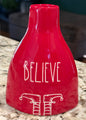 New Rae Dunn red ceramic 4.75” BELIEVE elf Christmas vase