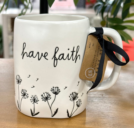 New Rae Dunn white matte ceramic floral coffee mug HAVE FAITH