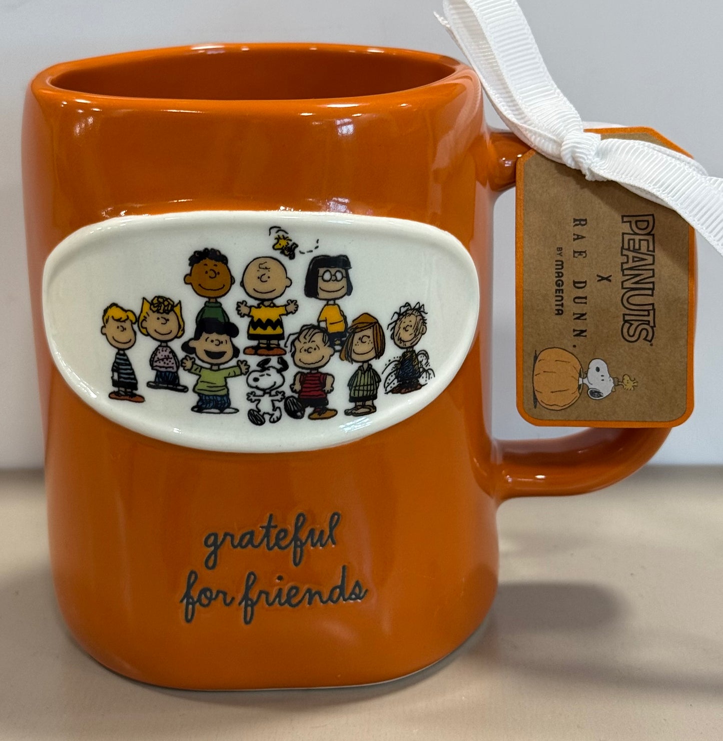 New Rae Dunn x Peanuts Snoopy fall orange ceramic coffee mug GRATEFUL FOR FRIENDS