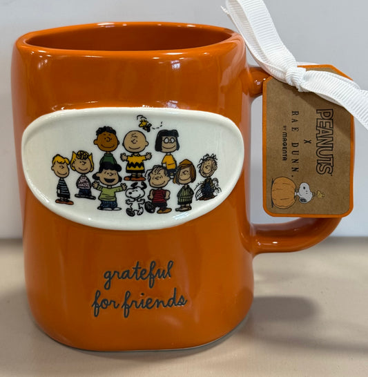 New Rae Dunn x Peanuts Snoopy fall orange ceramic coffee mug GRATEFUL FOR FRIENDS