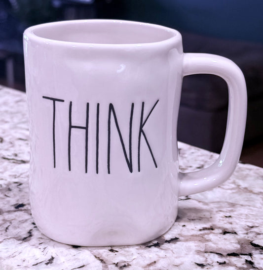 Rae Dunn white ceramic coffee mug THINK