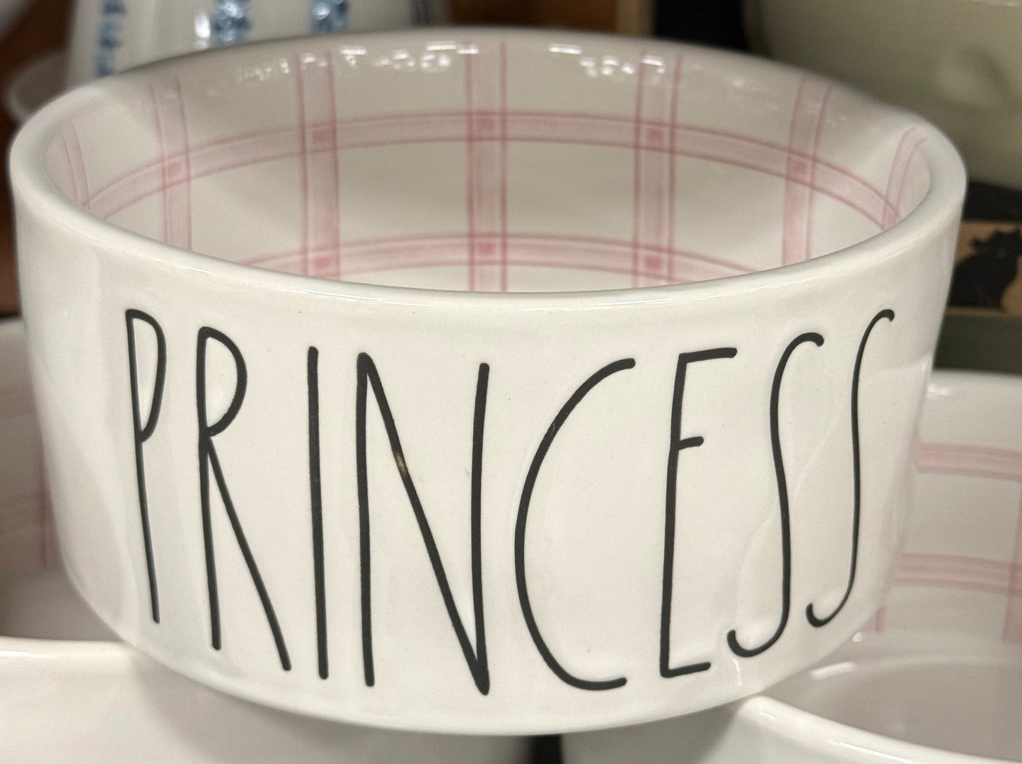New Rae Dunn white ceramic plaid pink interior dog bowl 6” PRINCESS