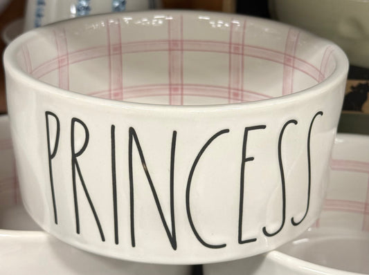 New Rae Dunn white ceramic plaid pink interior dog bowl 6” PRINCESS