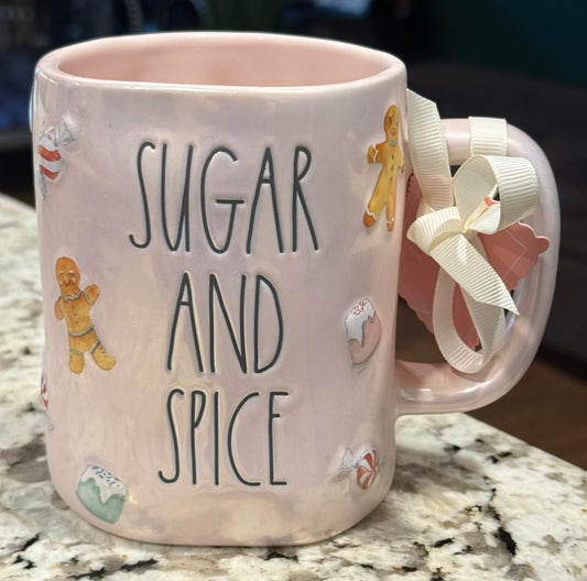 New Rae Dunn pink iridescent ceramic Christmas coffee mug SUGAR AND SPICE