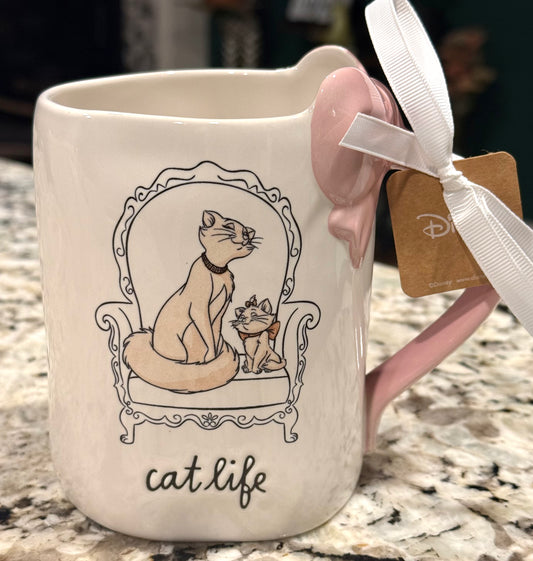 New Rae Dunn white ceramic Aristocats coffee mug CAT LIFE