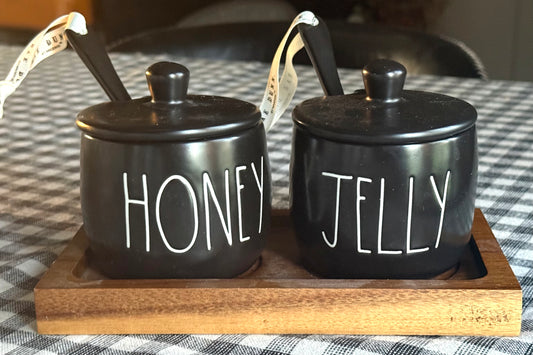 New Rae Dunn black ceramic HONEY & JELLY storage set with base & spoons