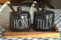 New Rae Dunn black ceramic HONEY & JELLY storage set with base & spoons