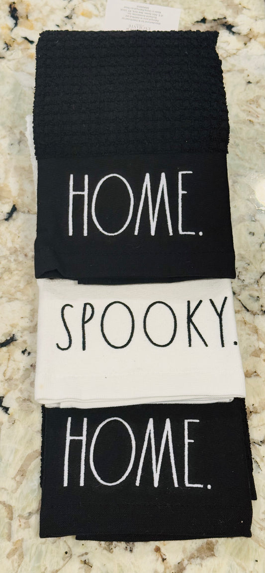 New Rae Dunn Halloween kitchen 3-piece dish towel set black/white HOME SPOOKY HOME.