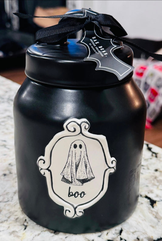 New Rae Dunn black ceramic baby ghost canister Halloween decor BOO 6”