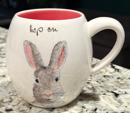 New Rae Dunn white ceramic Easter coffee mug HOP ON