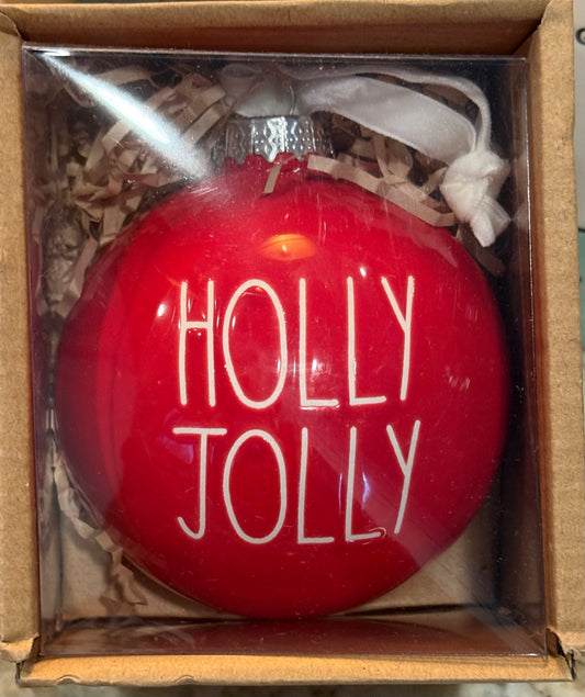 New Rae Dunn red ceramic Christmas ornament HOLLY JOLLY