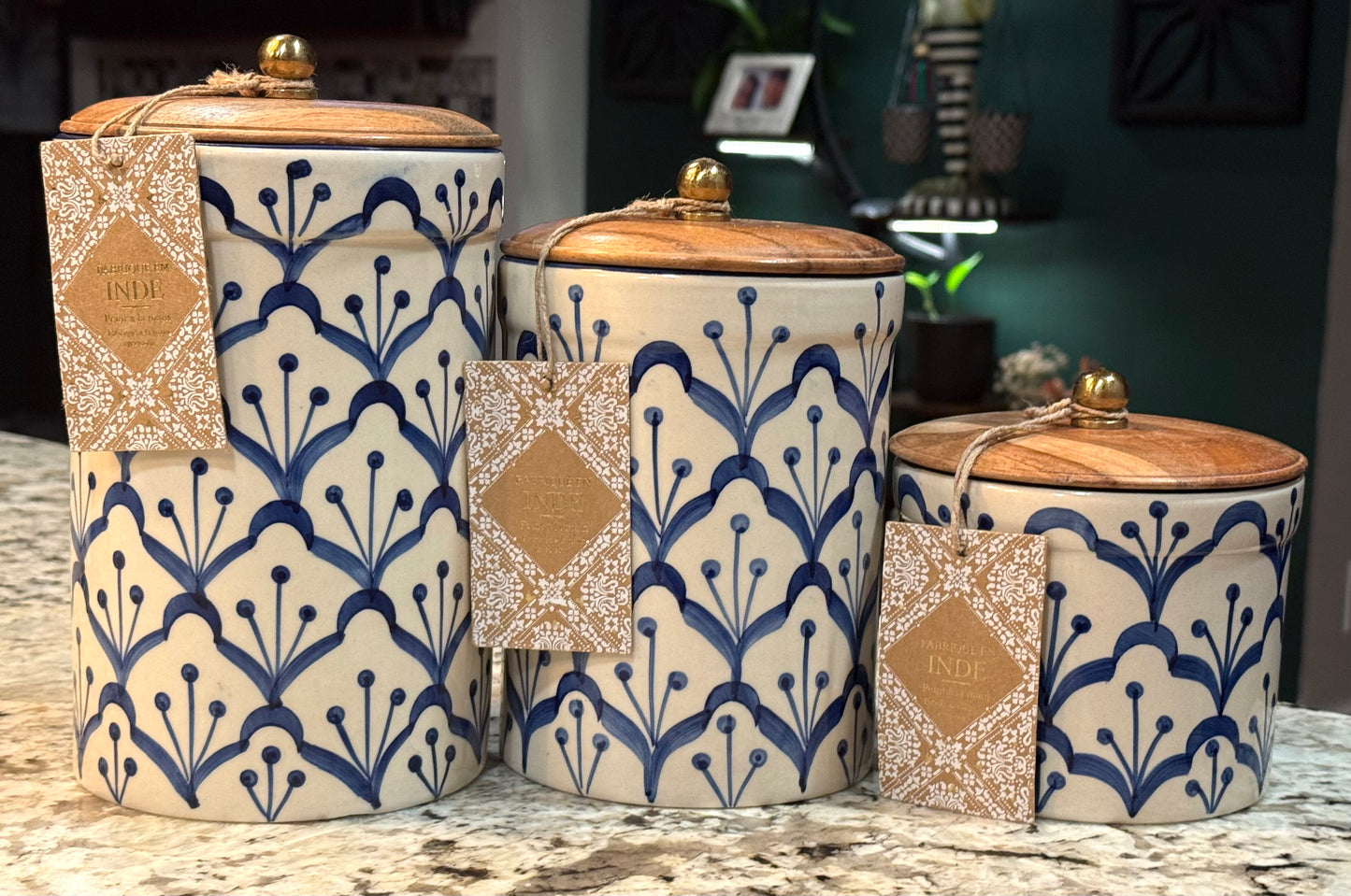 New Made in India ceramic blue print 3-piece canister set. Wood lid, gold top. 9”, 7.5”, 5”