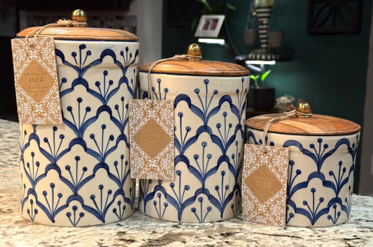 New Made in India ceramic blue print 3-piece canister set. Wood lid, gold top. 9”, 7.5”, 5”