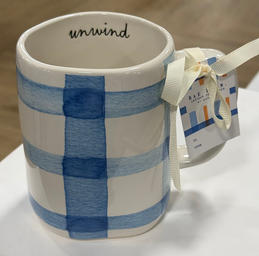 New Rae Dunn blue plaid ceramic coffee mug UNWIND