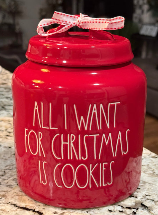 New Rae Dunn red ceramic holiday Christmas storage canister cookie jar ALL I WANT FOR CHRISTMAS IS COOKIES