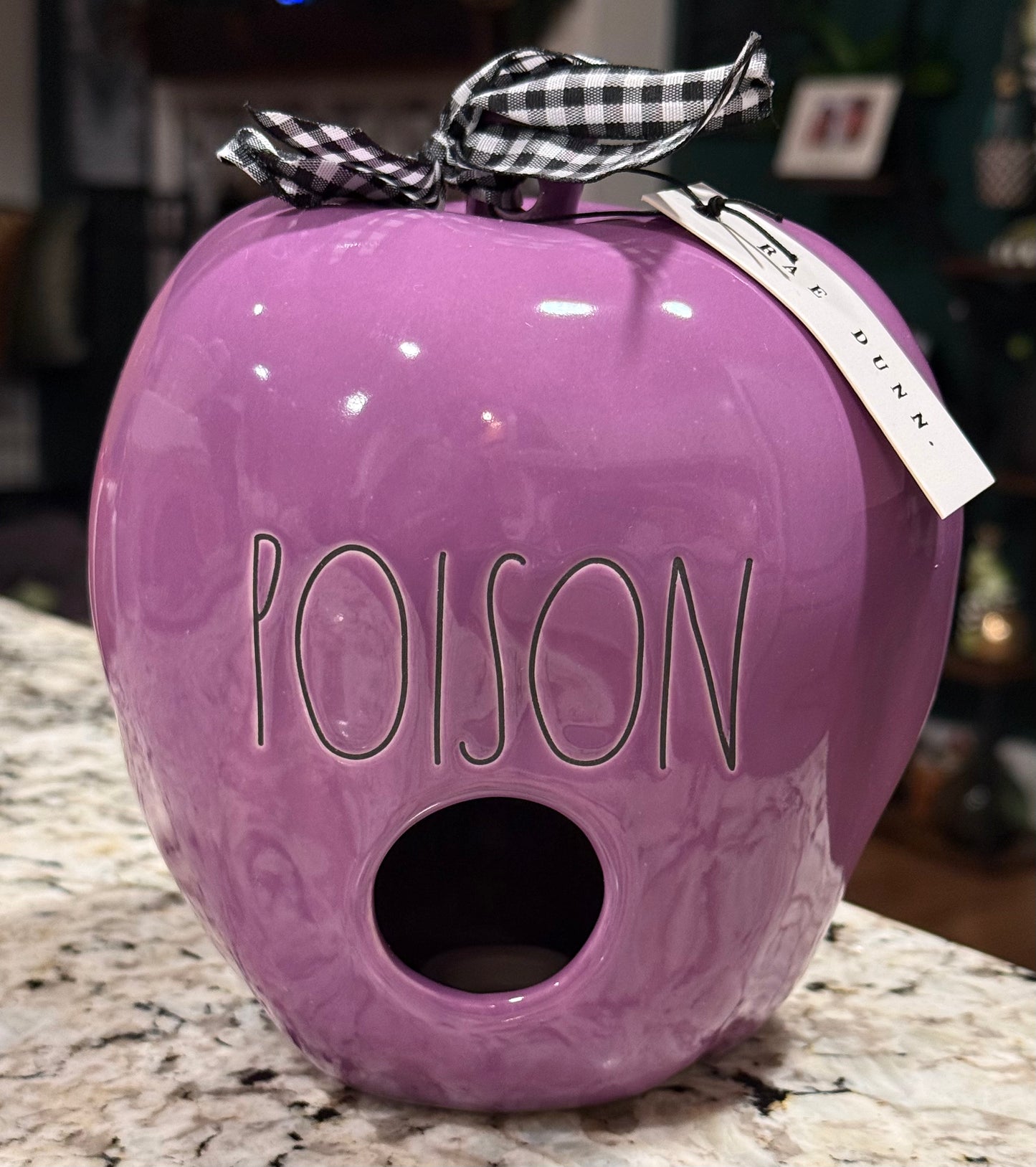 New Rae Dunn purple ceramic apple birdhouse Halloween decor POISON