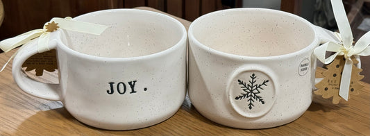 New Rae Dunn white speckled ceramic Christmas decor soup mug JOY double sided