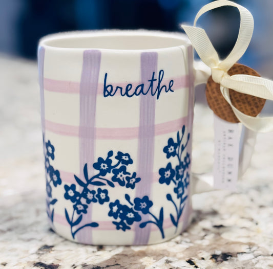 New Rae Dunn ceramic purple plaid coffee mug BREATHE