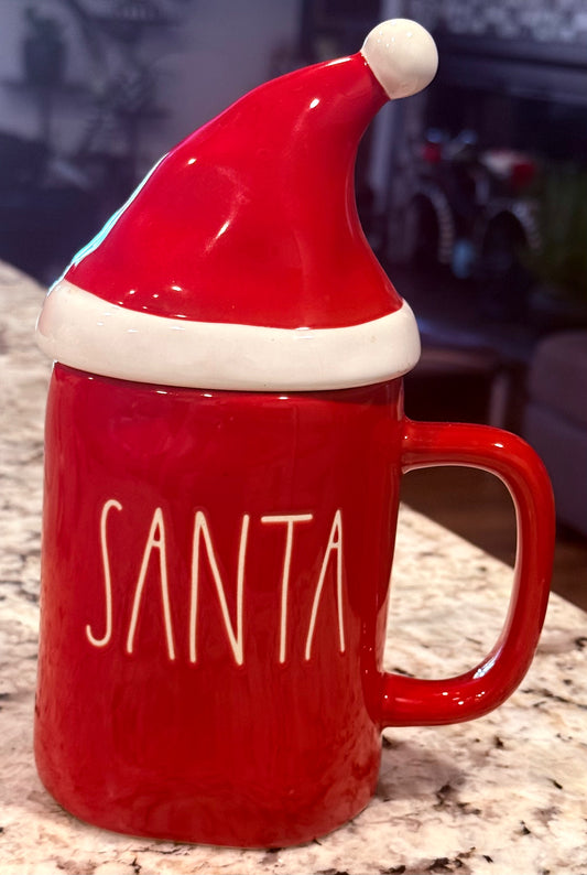 New red ceramic Rae Dunn SANTA Christmas hat topped coffee mug