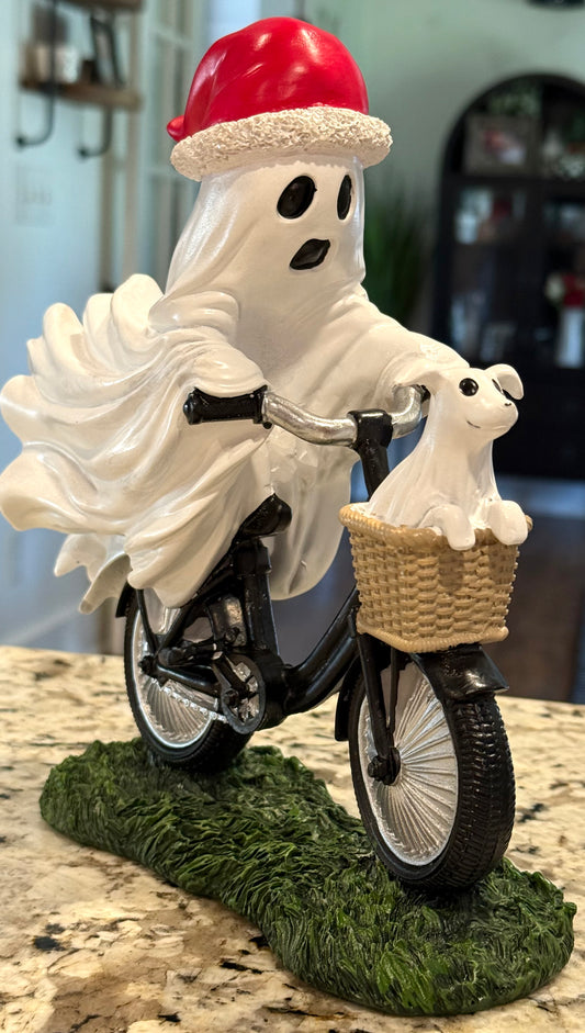 New resin ghost decor on bike with Christmas hat