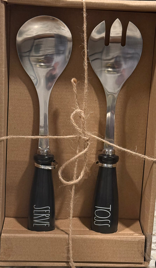 New Rae Dunn black ceramic handled service set SERVE/TOSS