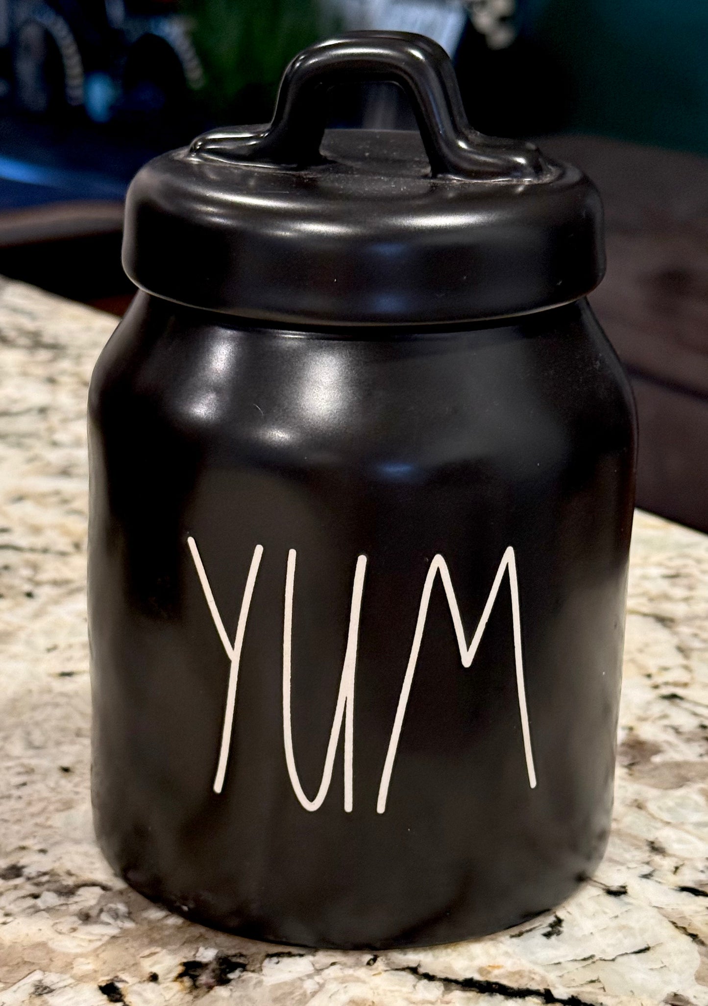 New Rae Dunn black ceramic YUM canister 6”