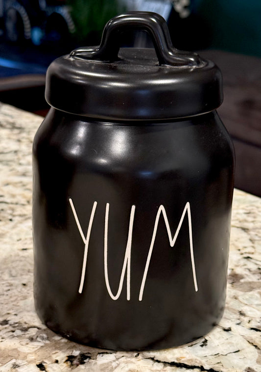 New Rae Dunn black ceramic YUM canister 6”